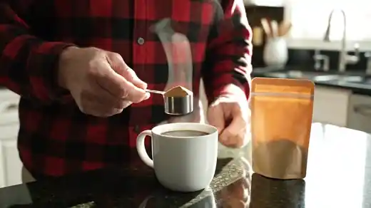 A man in his sixties tipping a small scoop of tan powder into a mug of coffee at a kitchen counter