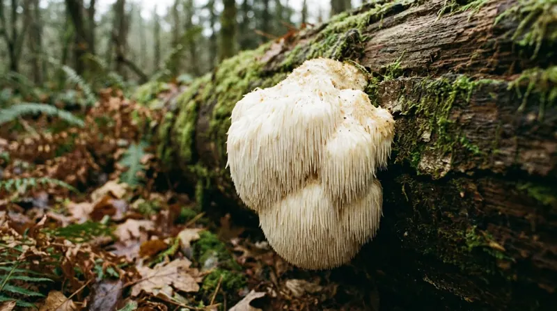A white shaggy lion's mane mushroom growing on a mossy oak log