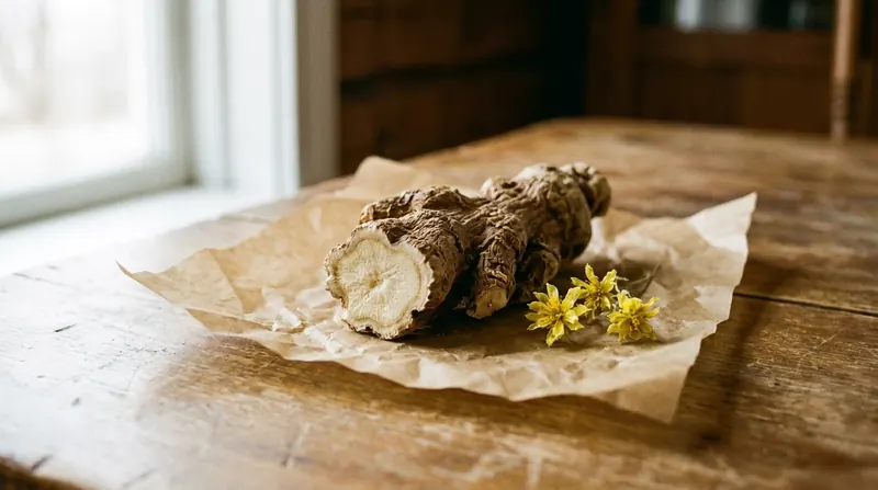 A cut piece of dried rhodiola root and a few small yellow flowers on brown paper