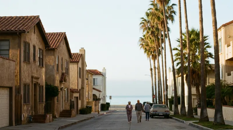 A quiet Santa Monica street at dawn with palm trees and the ocean at the end