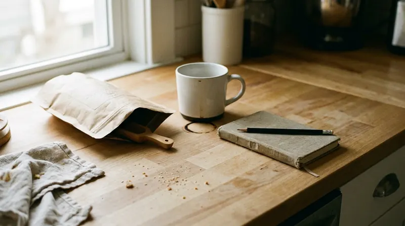 A kitchen counter with an open brown paper pouch and scoop, an empty coffee mug and a closed notebook with a pencil