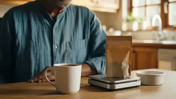 A man in his sixties weighing a small dish on a kitchen scale beside a mug of coffee and a paper pouch