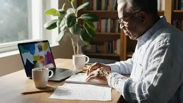 A man in his sixties reading a printed page at a home-office desk with a mug of coffee and making a pencil note