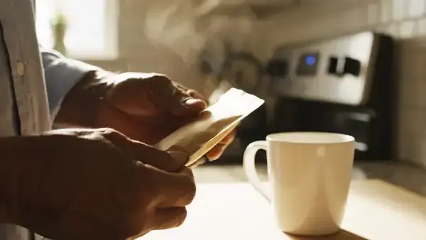 A man's hands turning over a small sealed brown paper pouch beside a mug on a kitchen counter